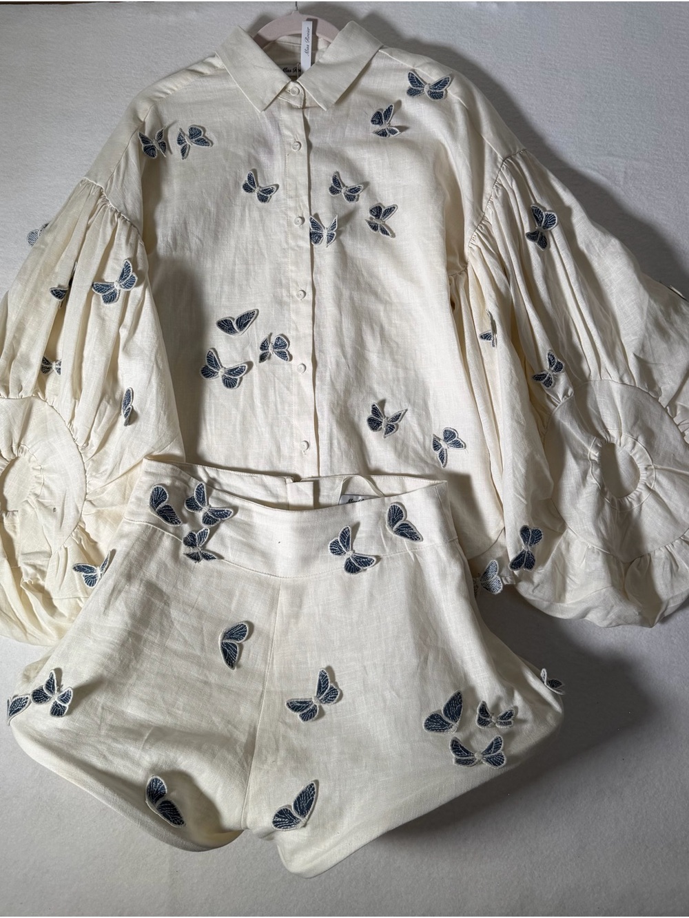 Cream Embroidered Butterfly Linen Shorts